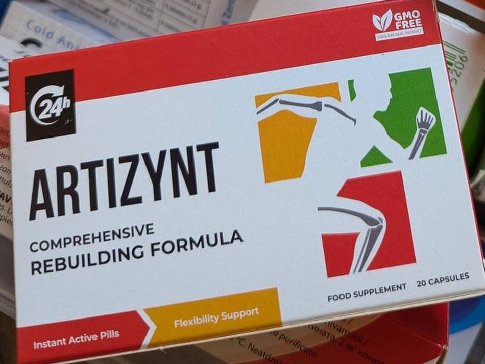 Vorderseite der ArtiZynt-Packung in Rot, Weiß, Orange und Grün mit stilisierten Gelenkgrafiken