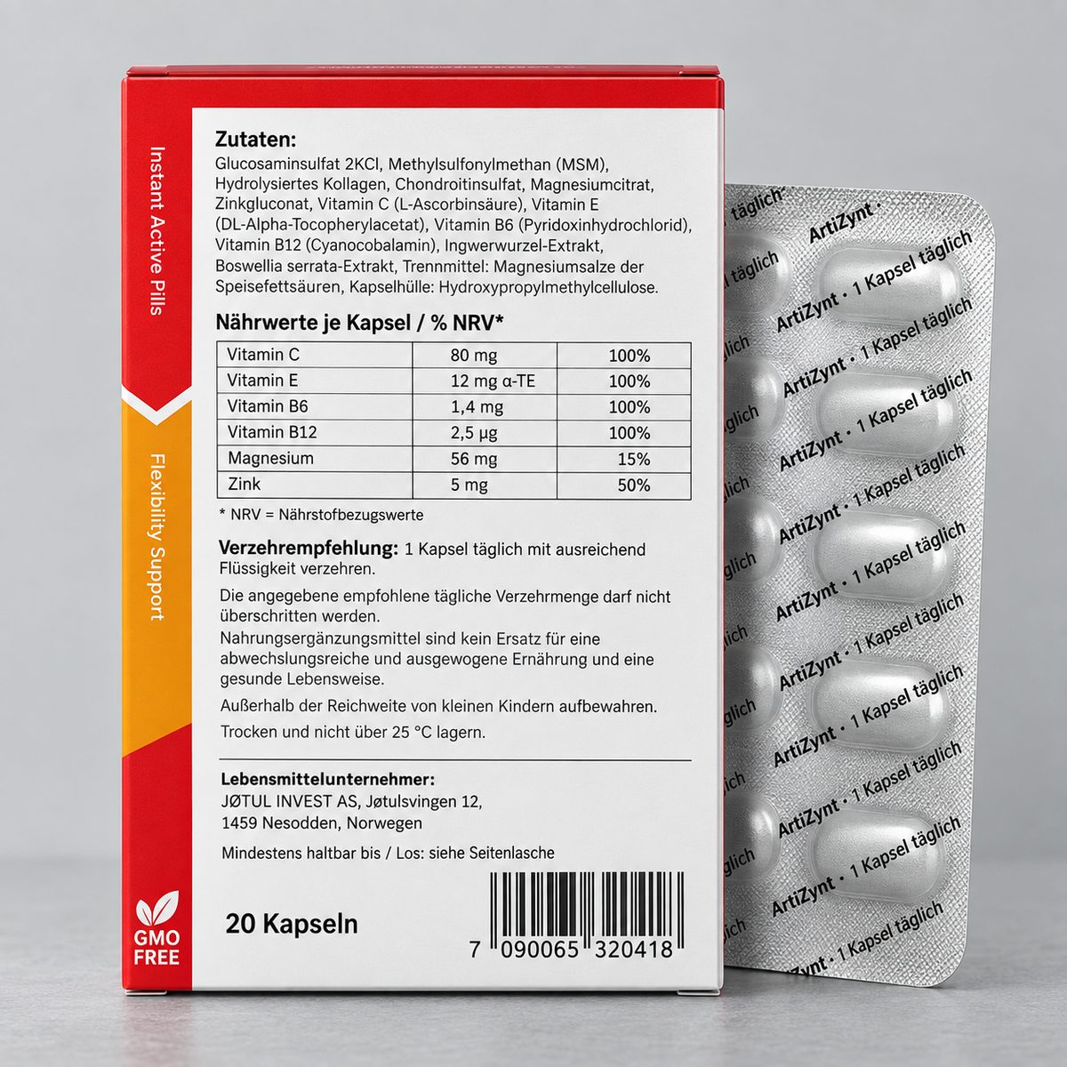 Rückseite der ArtiZynt-Packung mit deutscher Zutatenliste, Nährwerttabelle je Kapsel und Verzehrempfehlung, daneben ein Blister mit der Aufschrift „ArtiZynt · 1 Kapsel täglich“